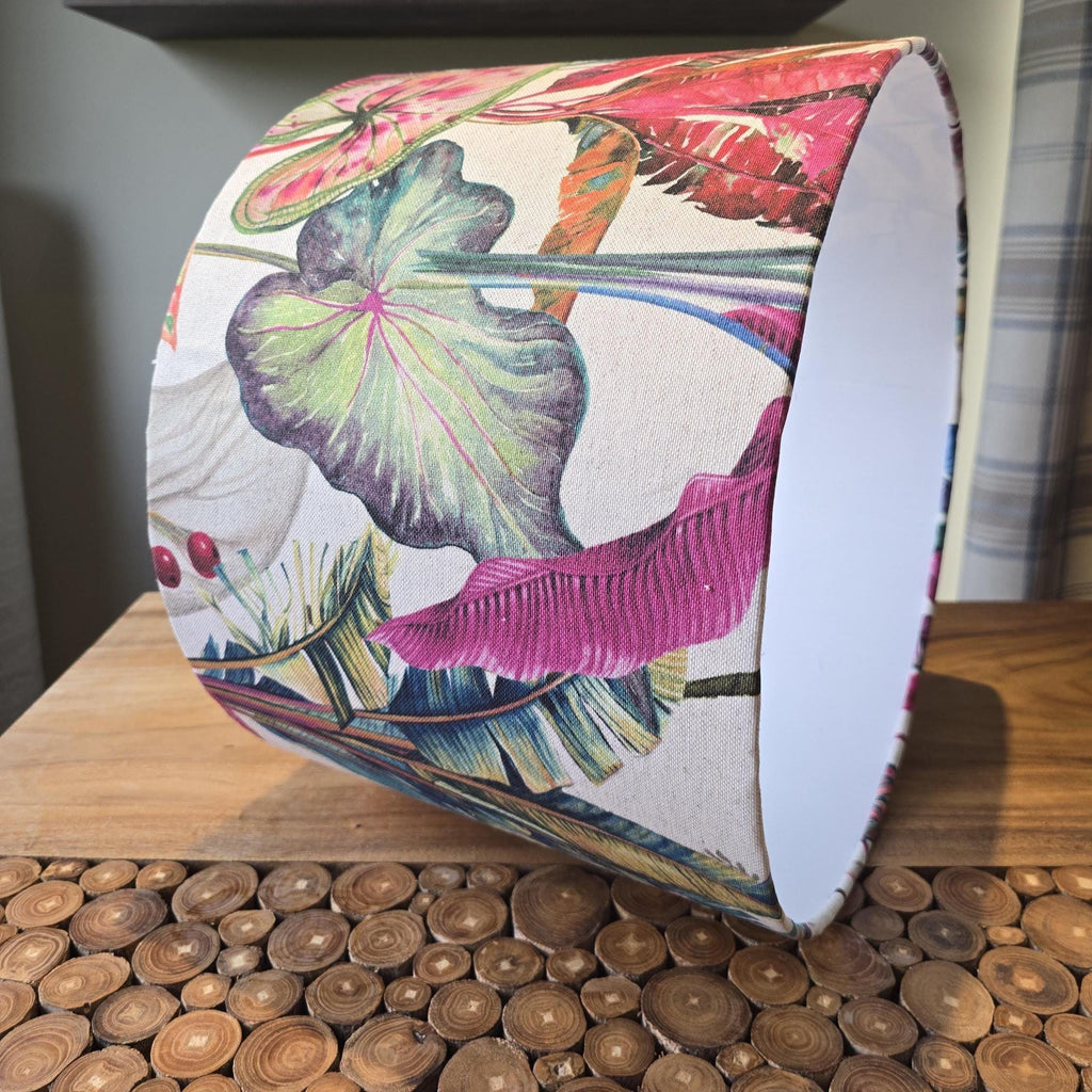 Handmade Linen Tropical Forest Lampshade: Cosy Floral Lighting in Teal Yellow Blue and Pinks