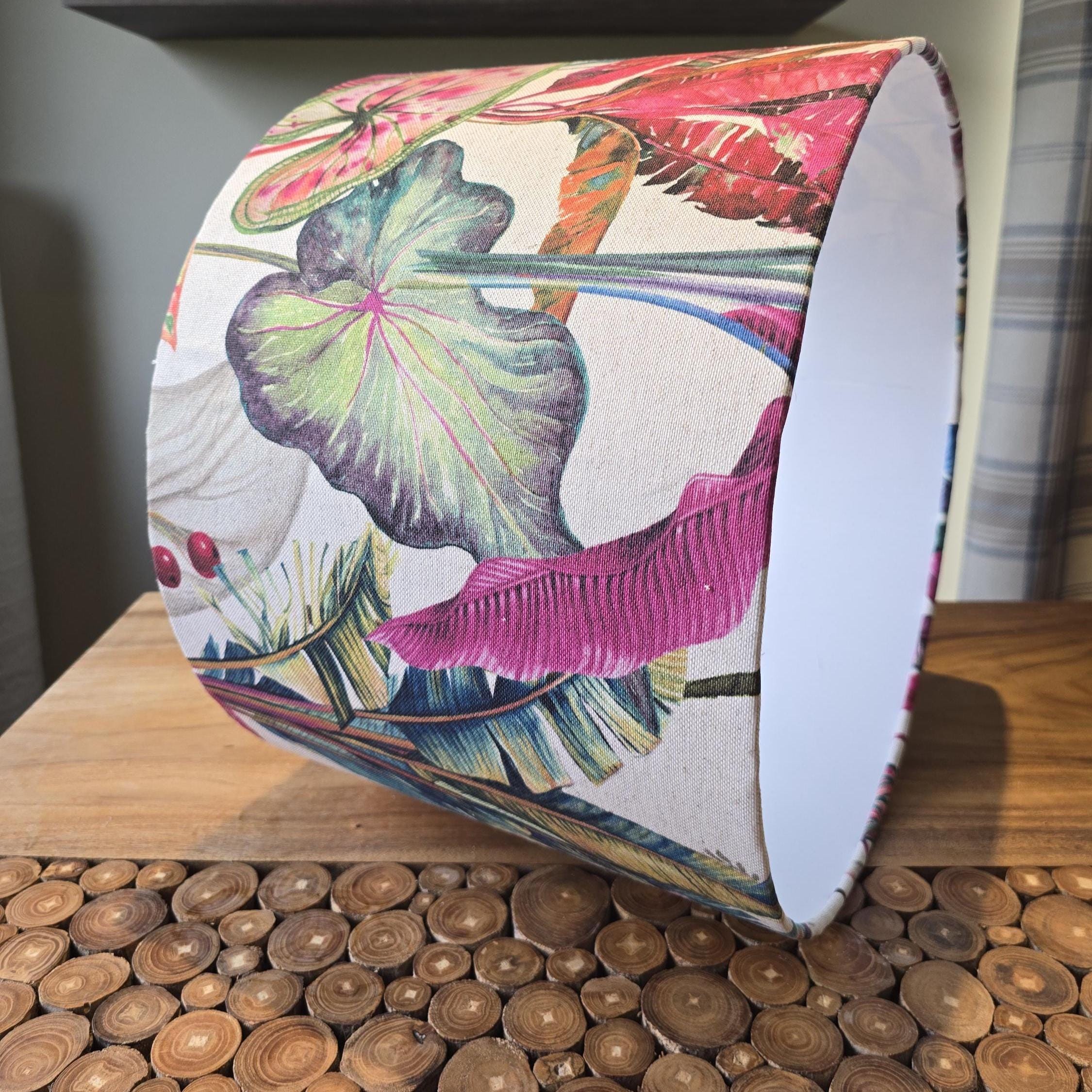 Handmade Linen Tropical Forest Lampshade: Cosy Floral Lighting in Teal Yellow Blue and Pinks