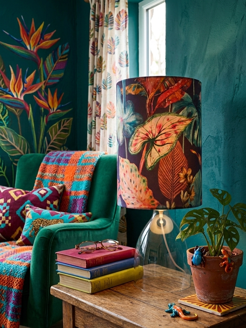 handmade purple velvet lampshade with tropical botanical prints. Colourful and funky tall cylindrical lampshade featuring hot pinks, teal, blue, red, green and cream plants. perfect for statement table lamp. boho steampunk and mid-century style decor. gift for housewarming, wedding gift, wedding gift, anniversary gift. 