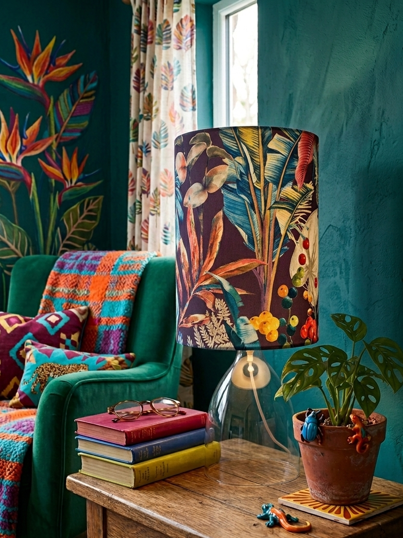 Handmade Velvet Lampshade: Bold Tropical Botanical Design, Mid-Century Modern Style