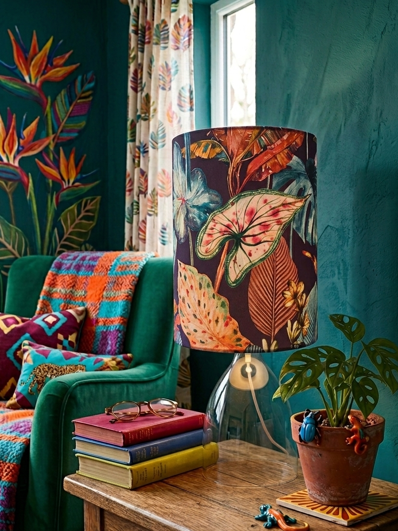 Handmade Velvet Lampshade: Bold Tropical Botanical Design, Mid-Century Modern Style