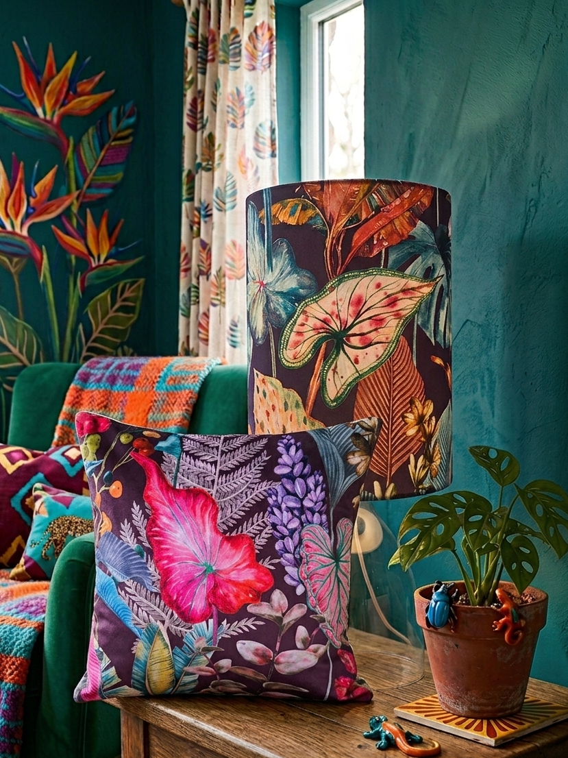 handmade matching lampshade and 18inc cushion with zip. purple velvet tropical botanical print. hot pink blue teal foliage and leafs. funky abstract living room 