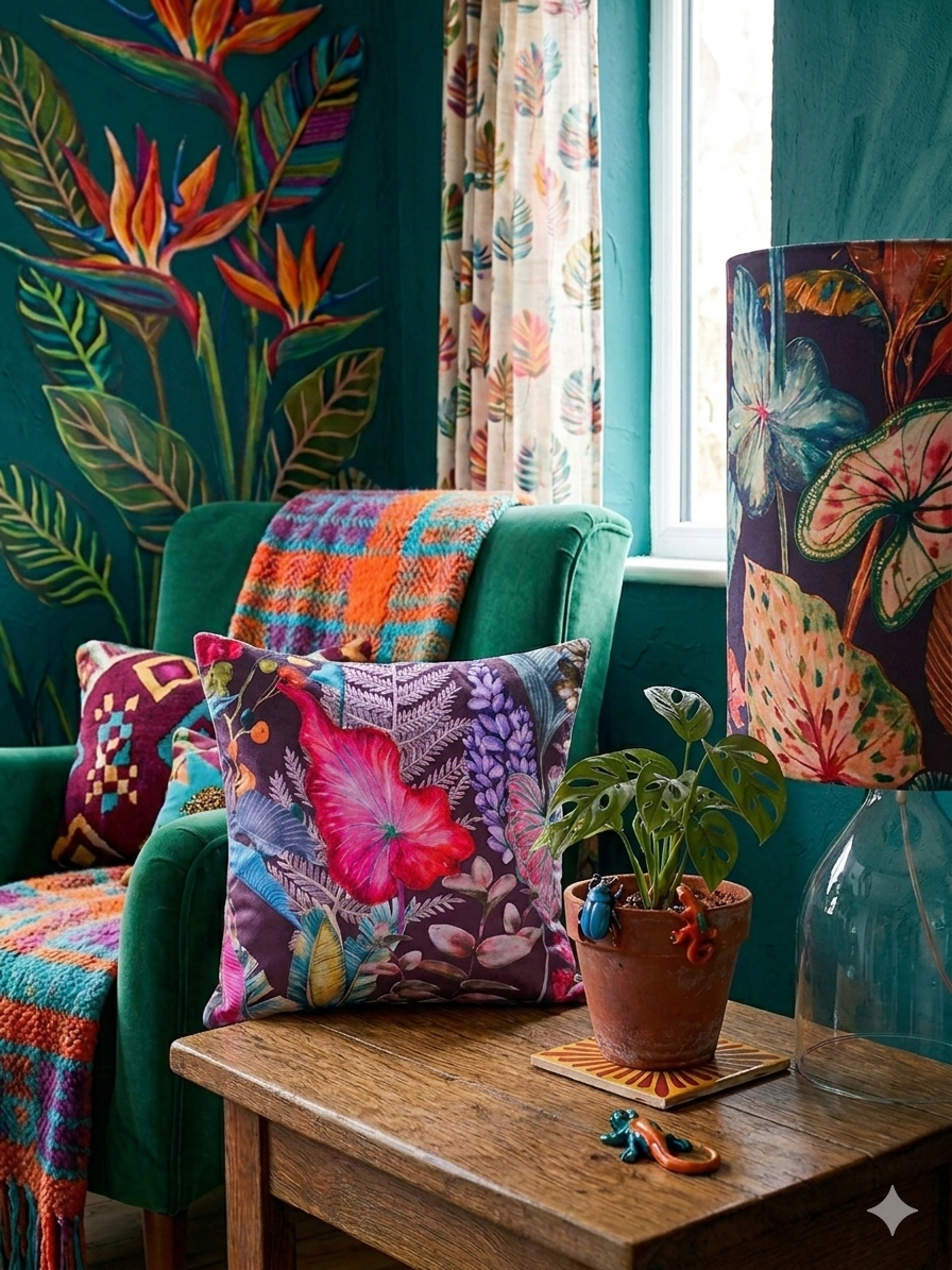 Handmade Velvet Lampshade: Bold Tropical Botanical Design, Mid-Century Modern Style