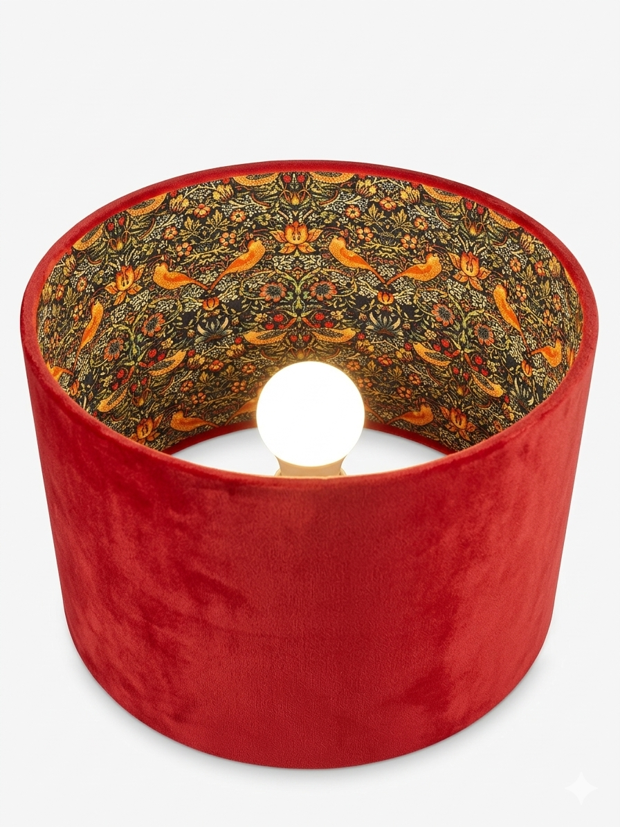 Handmade Burnt Orange Drum Lampshade, Double-Sided William Morris with Strawberry Thief Cotton Interior