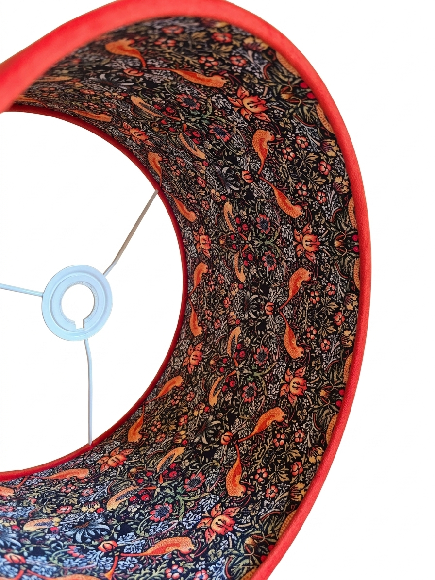 Handmade Burnt Orange Drum Lampshade, Double-Sided William Morris with Strawberry Thief Cotton Interior