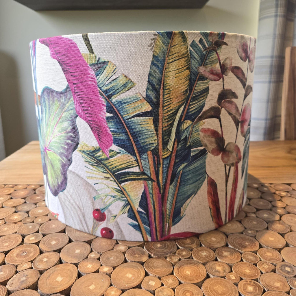 Handmade Linen Tropical Forest Lampshade: Cosy Floral Lighting in Teal Yellow Blue and Pinks