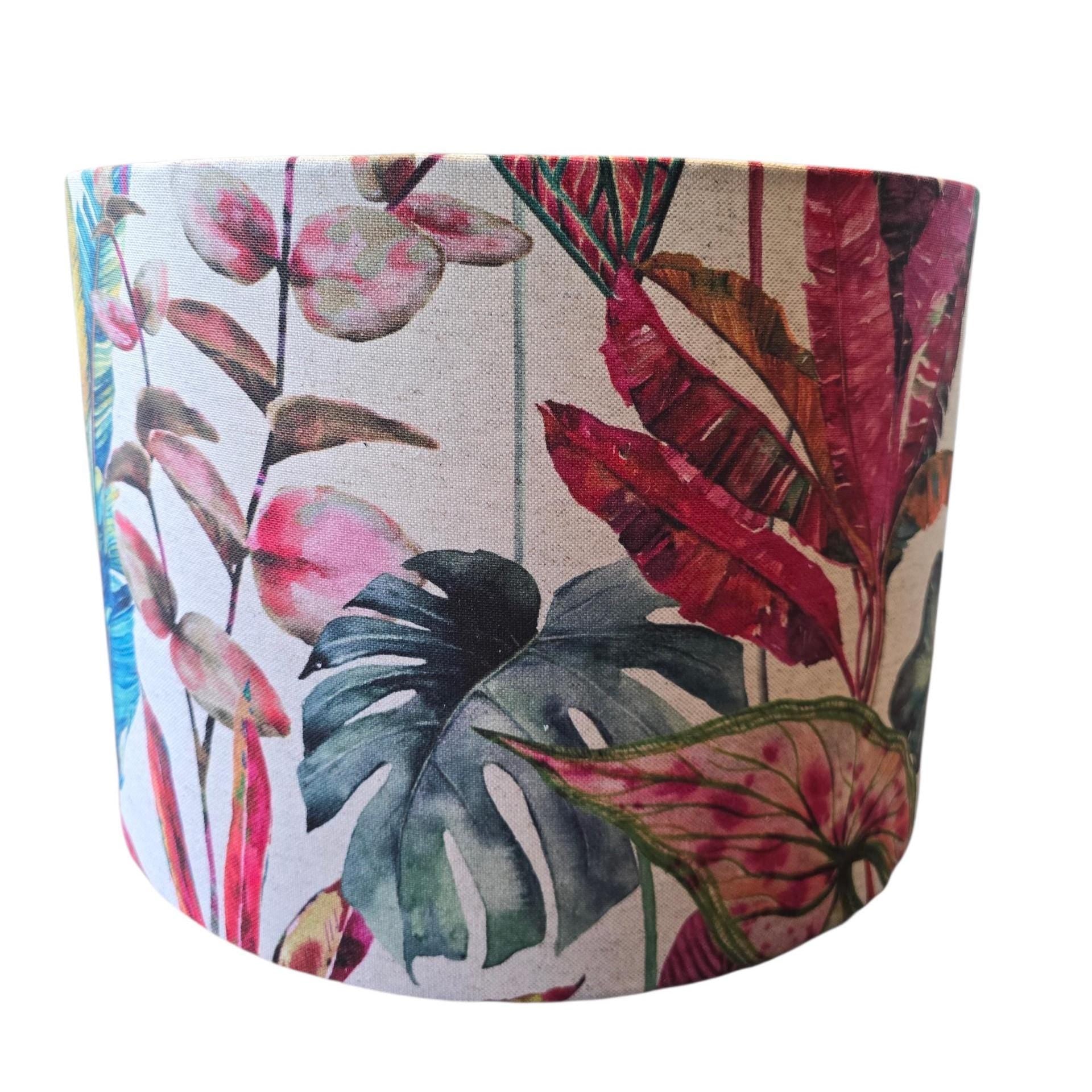 Handmade Linen Tropical Forest Lampshade: Cosy Floral Lighting in Teal Yellow Blue and Pinks
