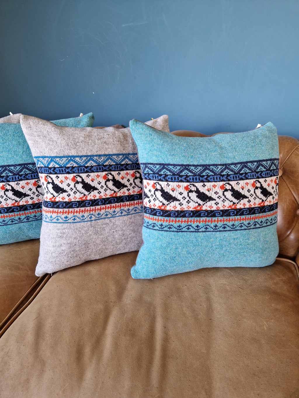 Handmade Orkney Puffin Cushion Cover: Scottish Lambswool