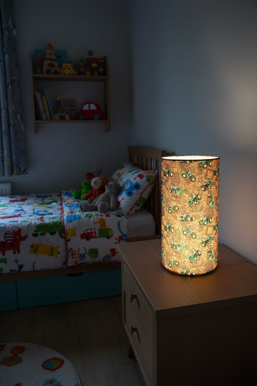 cylindrical tractor night light LED rechargeable colour changing children bedroom bedside lamp. 15cm wide and 35cm tall table lamp