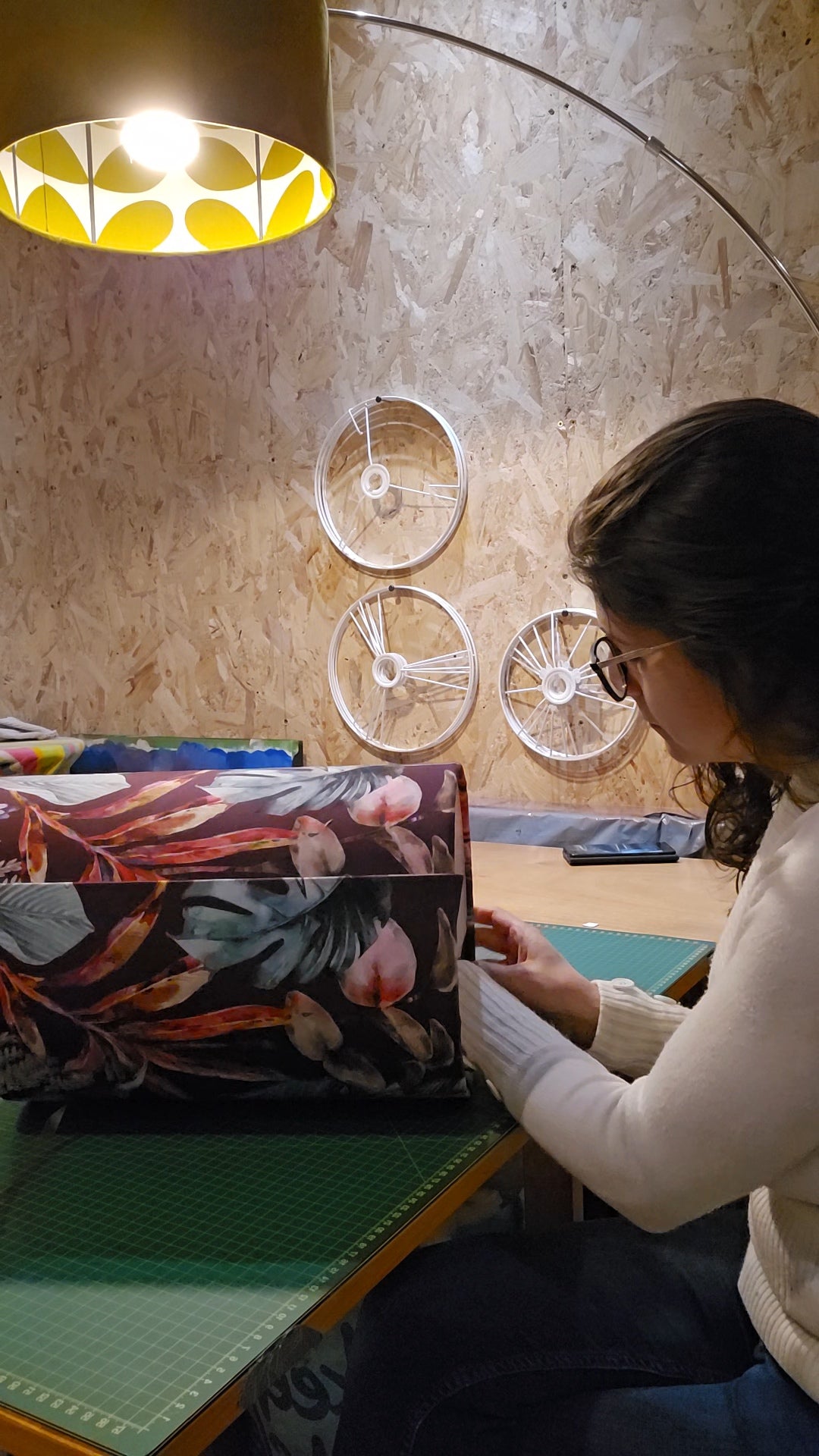 handmaking lampshades in studio under orla kieley lampshade. 