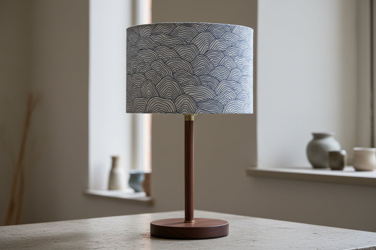 Handmade Line art wave lampshade in beige cream linen with blue navy line art waves. Abstract drum lampshade. Neutral lighting and decor. 