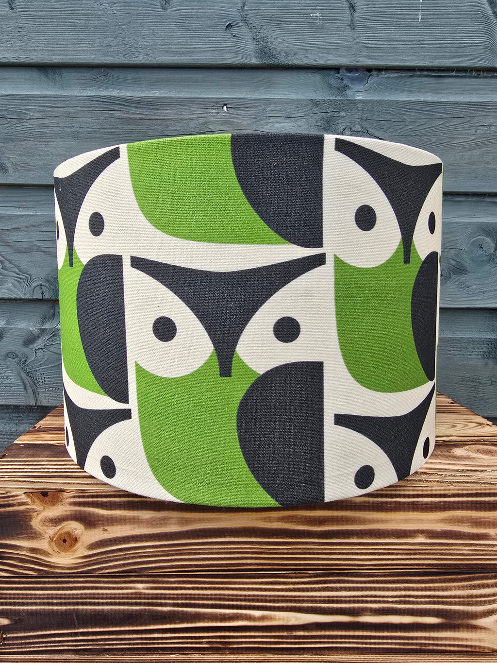 Handmade Orla Kiely Lampshade. Green and Black Owl Print Mid Century Lighting. Drum Lampshade