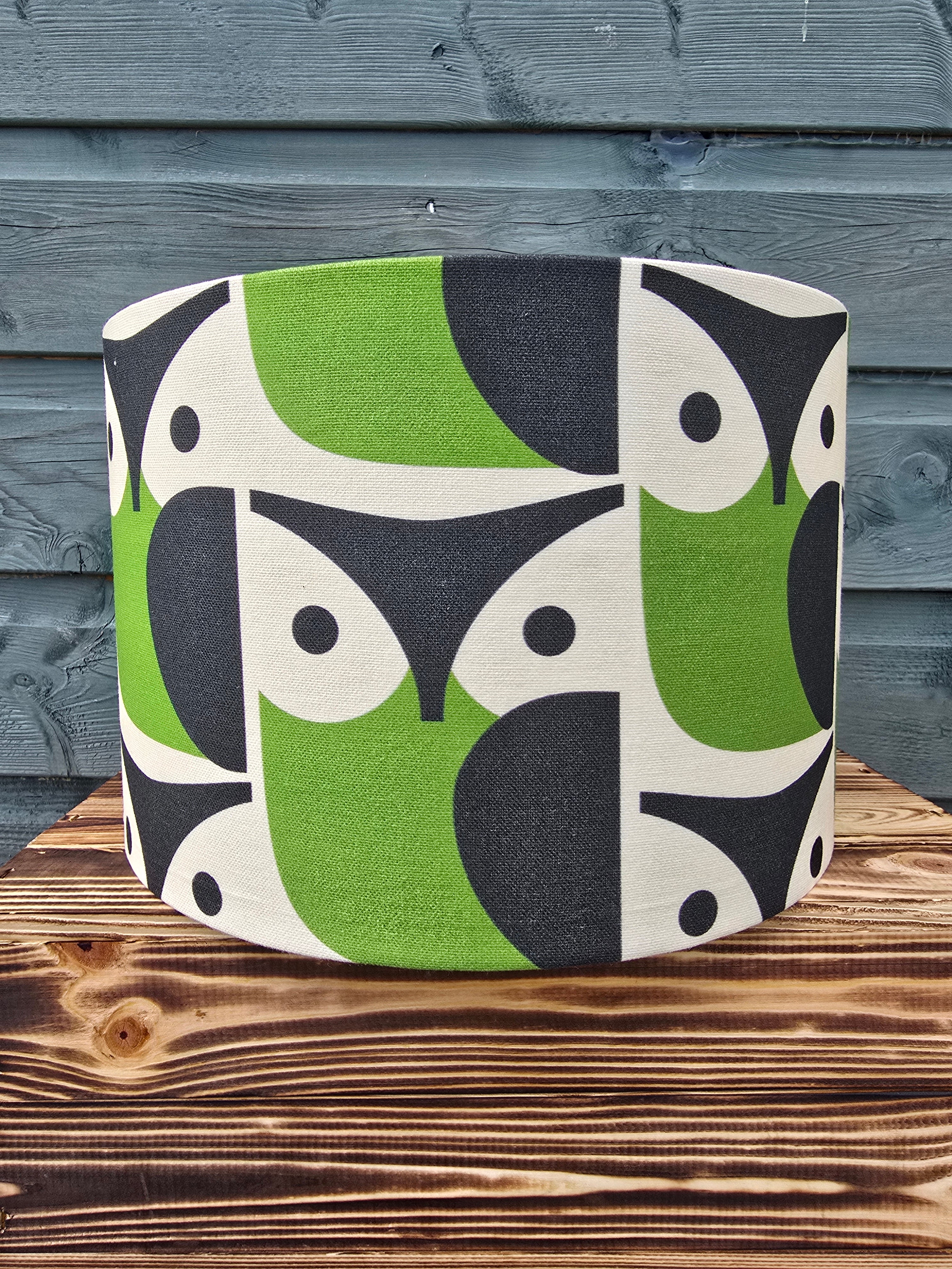 Handmade Orla Kiely Lampshade. Green and Black Owl Print Mid Century Lighting. Drum Lampshade