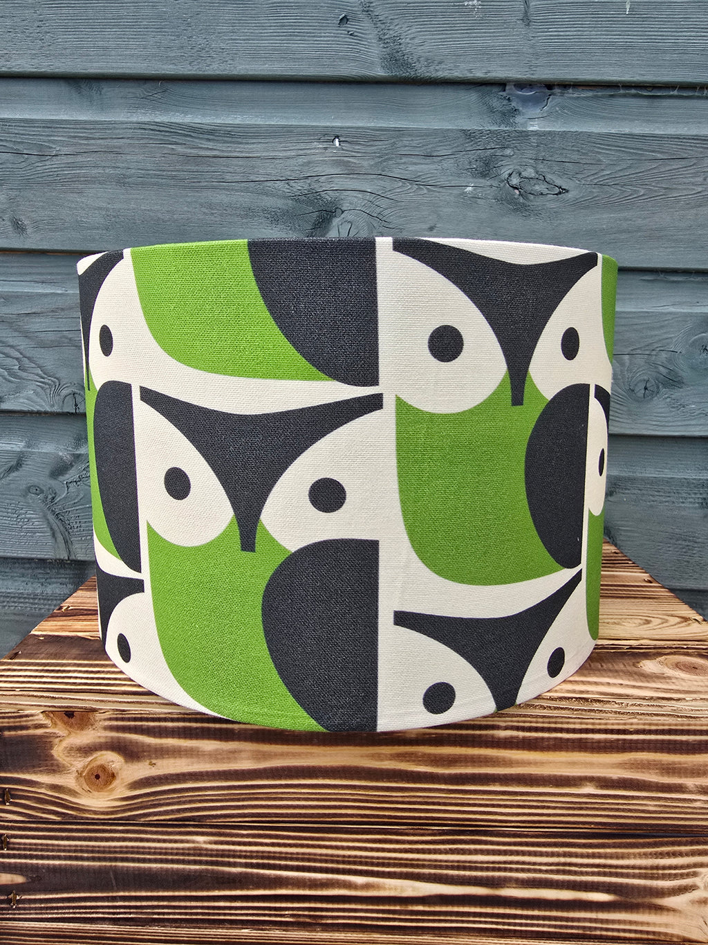 Handmade Orla Kiely Lampshade. Green and Black Owl Print Mid Century Lighting. Drum Lampshade