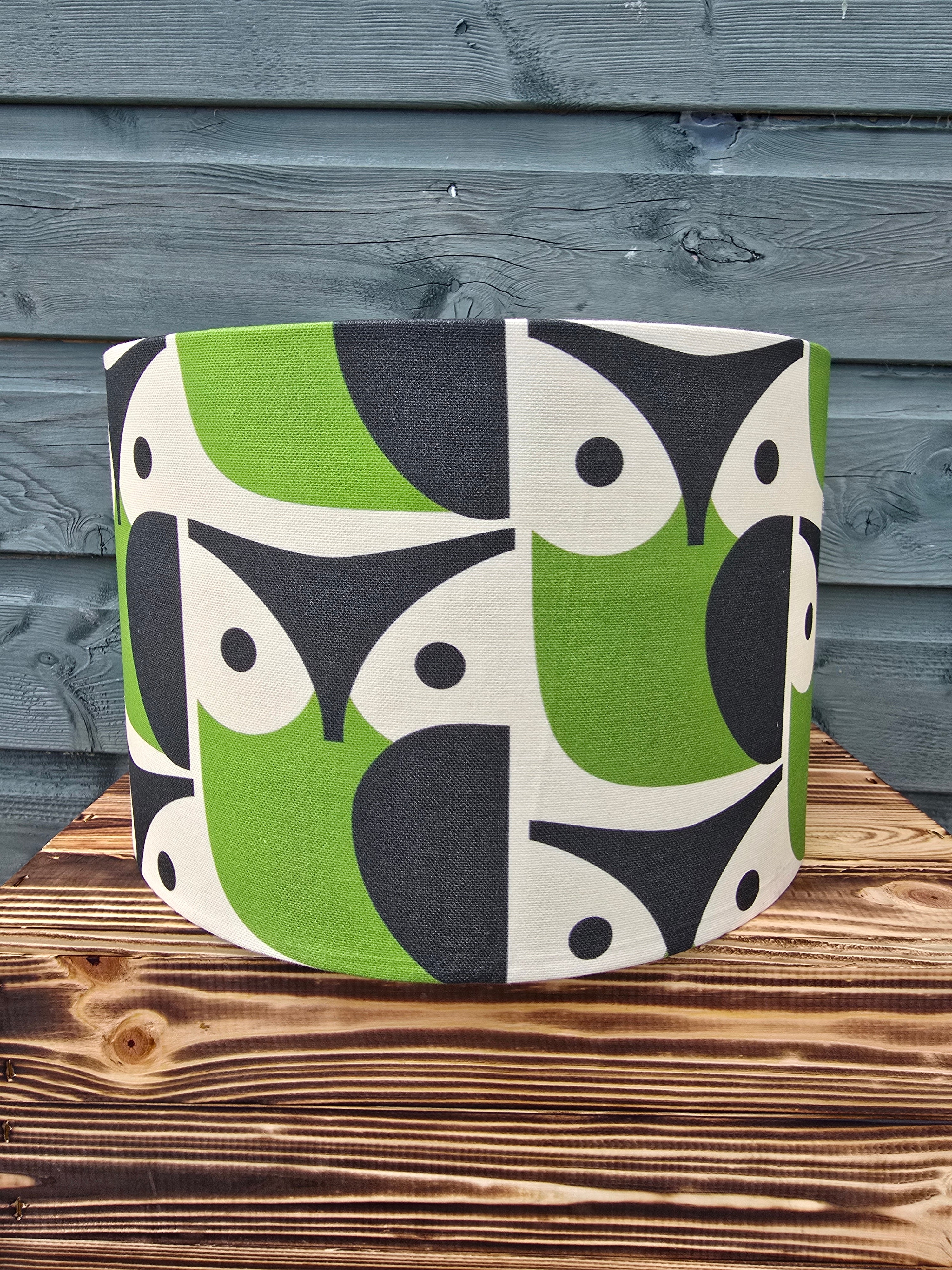 Handmade Orla Kiely Lampshade. Green and Black Owl Print Mid Century Lighting. Drum Lampshade