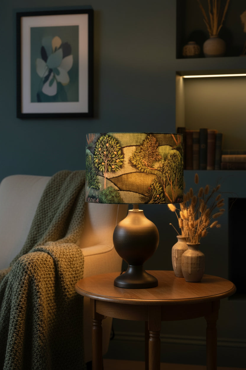 handmade lampshade with woodland image featuring oak and apple trees. drum lampshade in green and browns. Meadow scene lampshade 