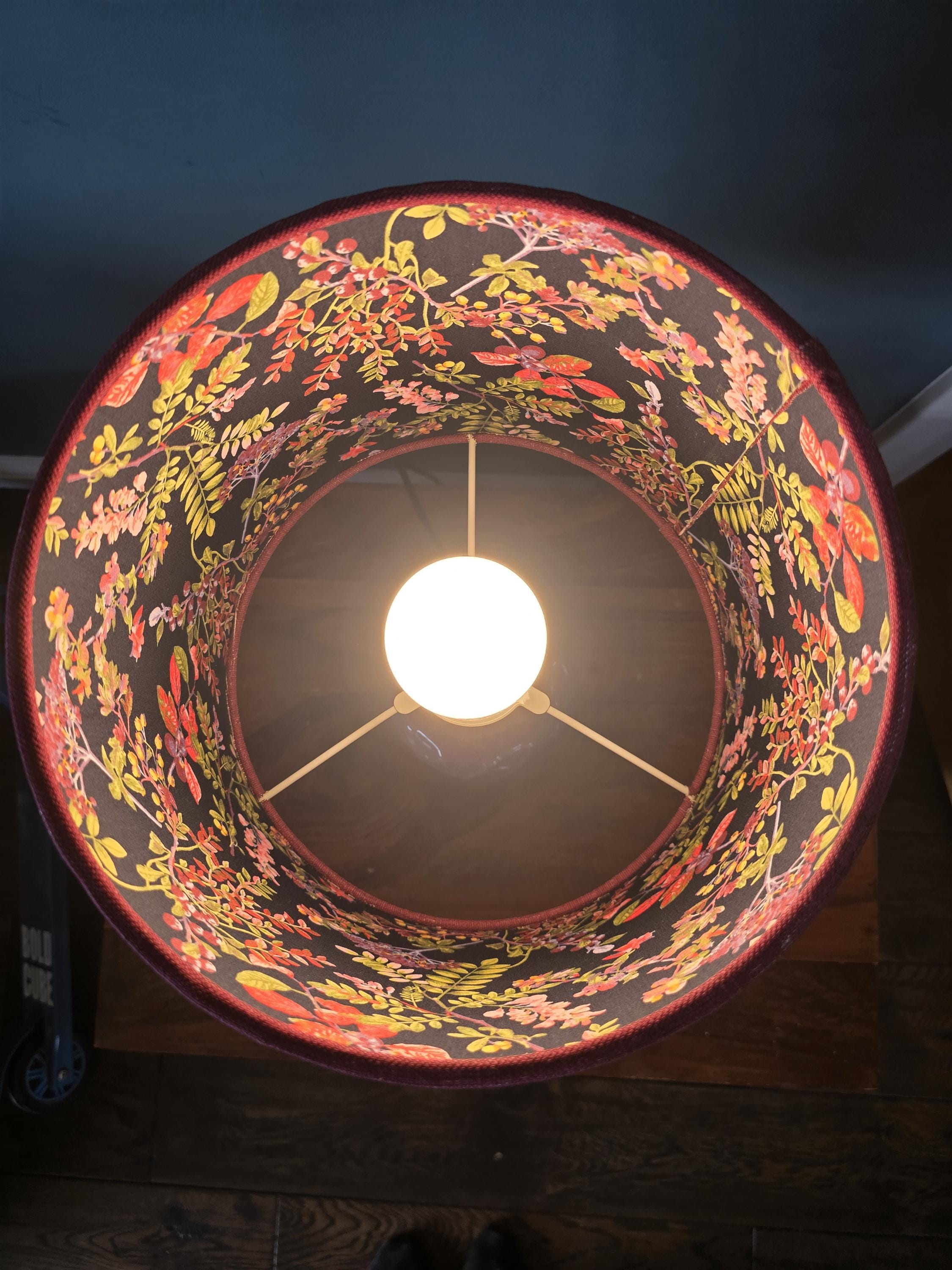 Double-Sided Lampshade. Handmade Floral Inside Light Grey Velvet exterior lampshade