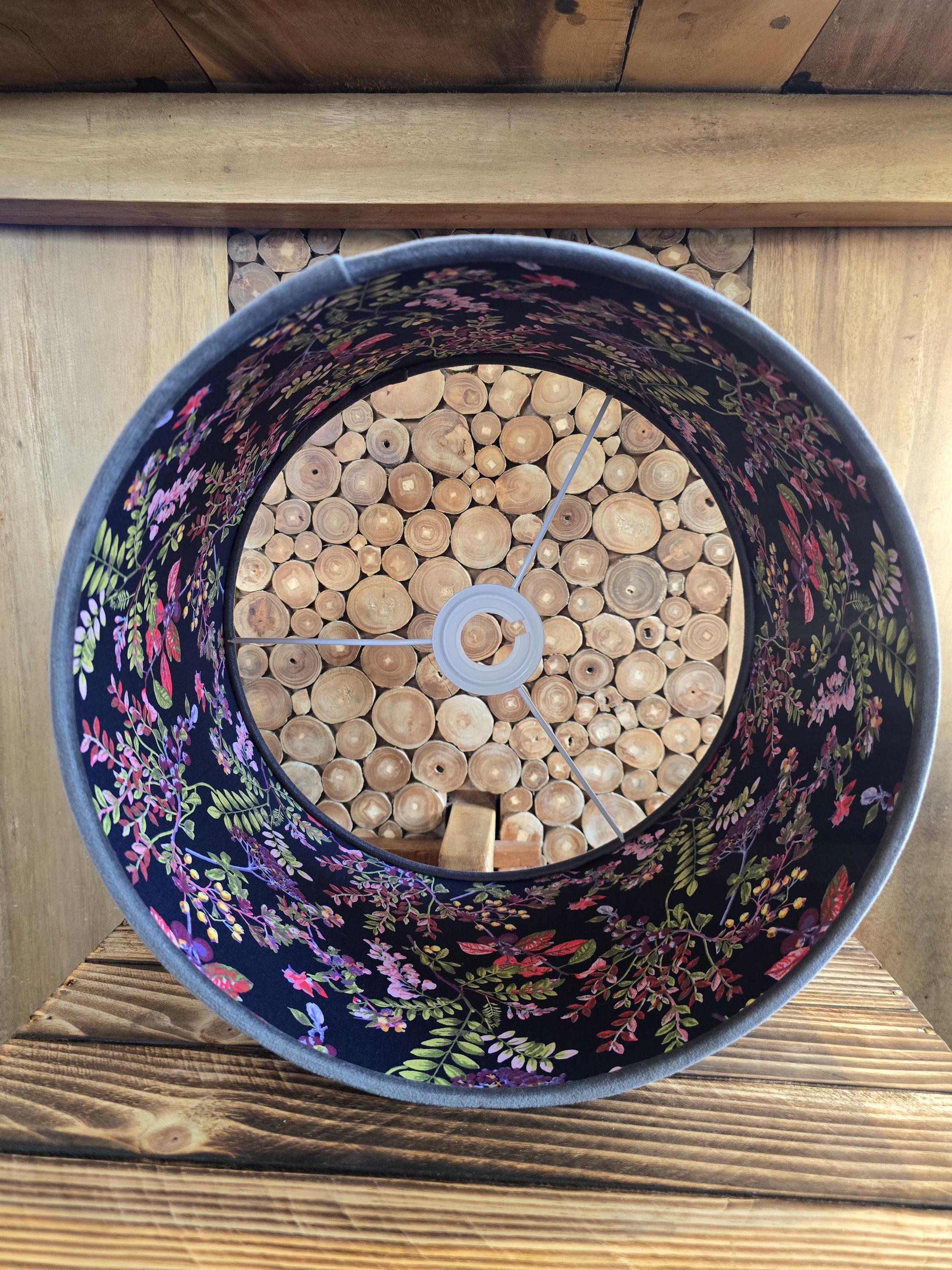 Double-Sided Lampshade. Handmade Floral Inside Light Grey Velvet exterior lampshade