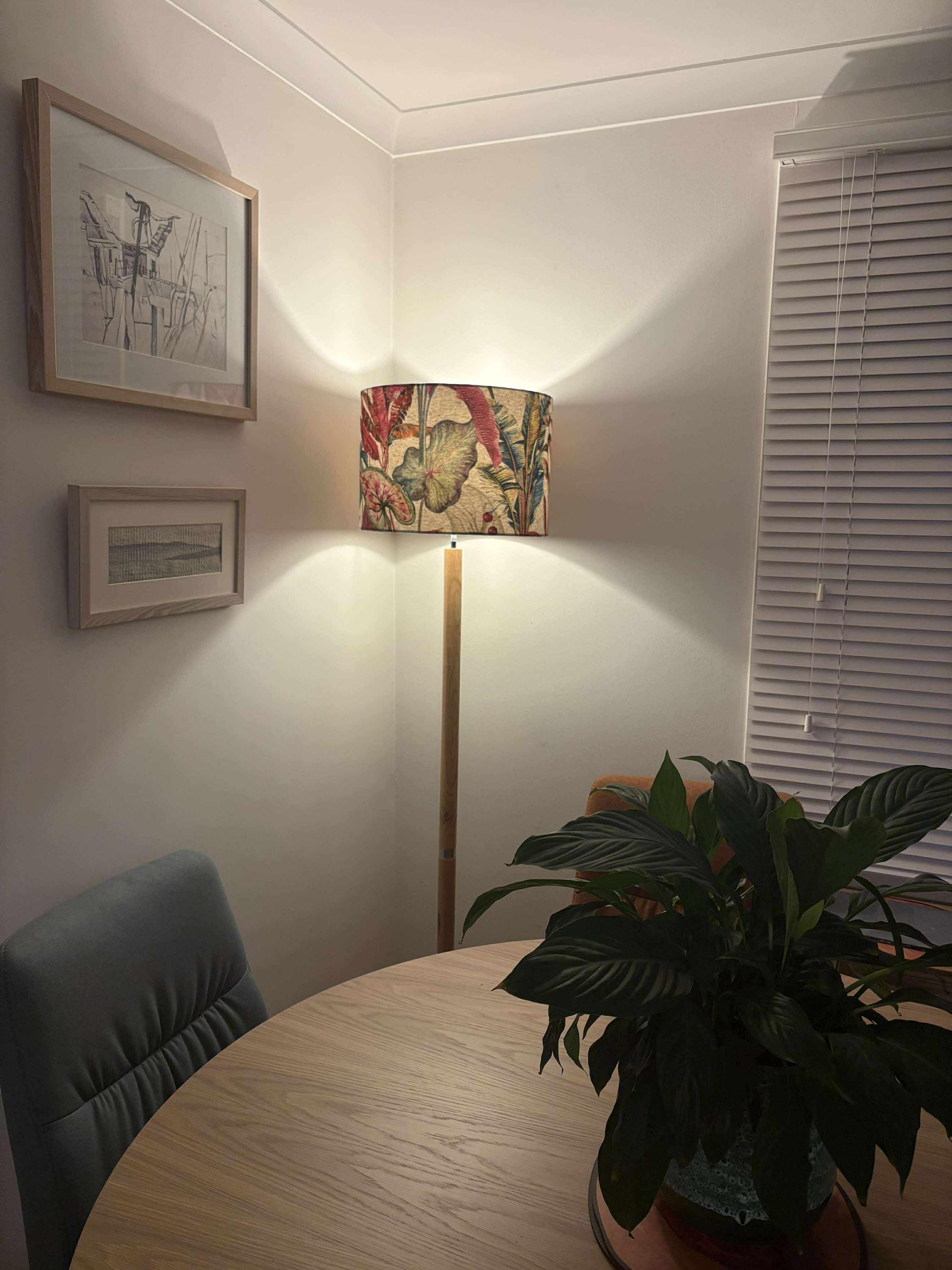 Handmade Linen Tropical Forest Lampshade: Cosy Floral Lighting in Teal Yellow Blue and Pinks