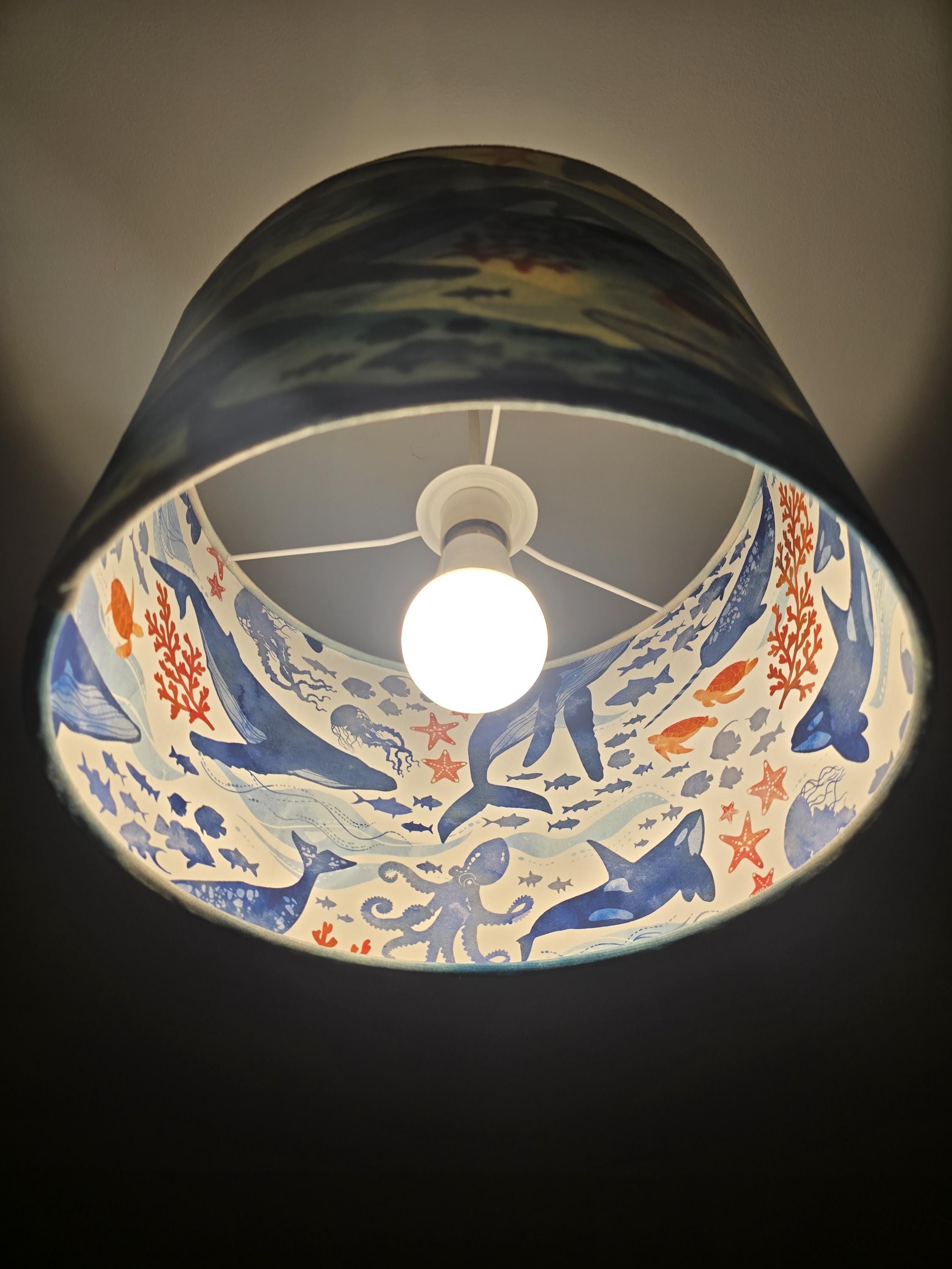 iLiv Double Sided Under the Sea Lampshade, Blue Velvet Marine Print Drum Shade