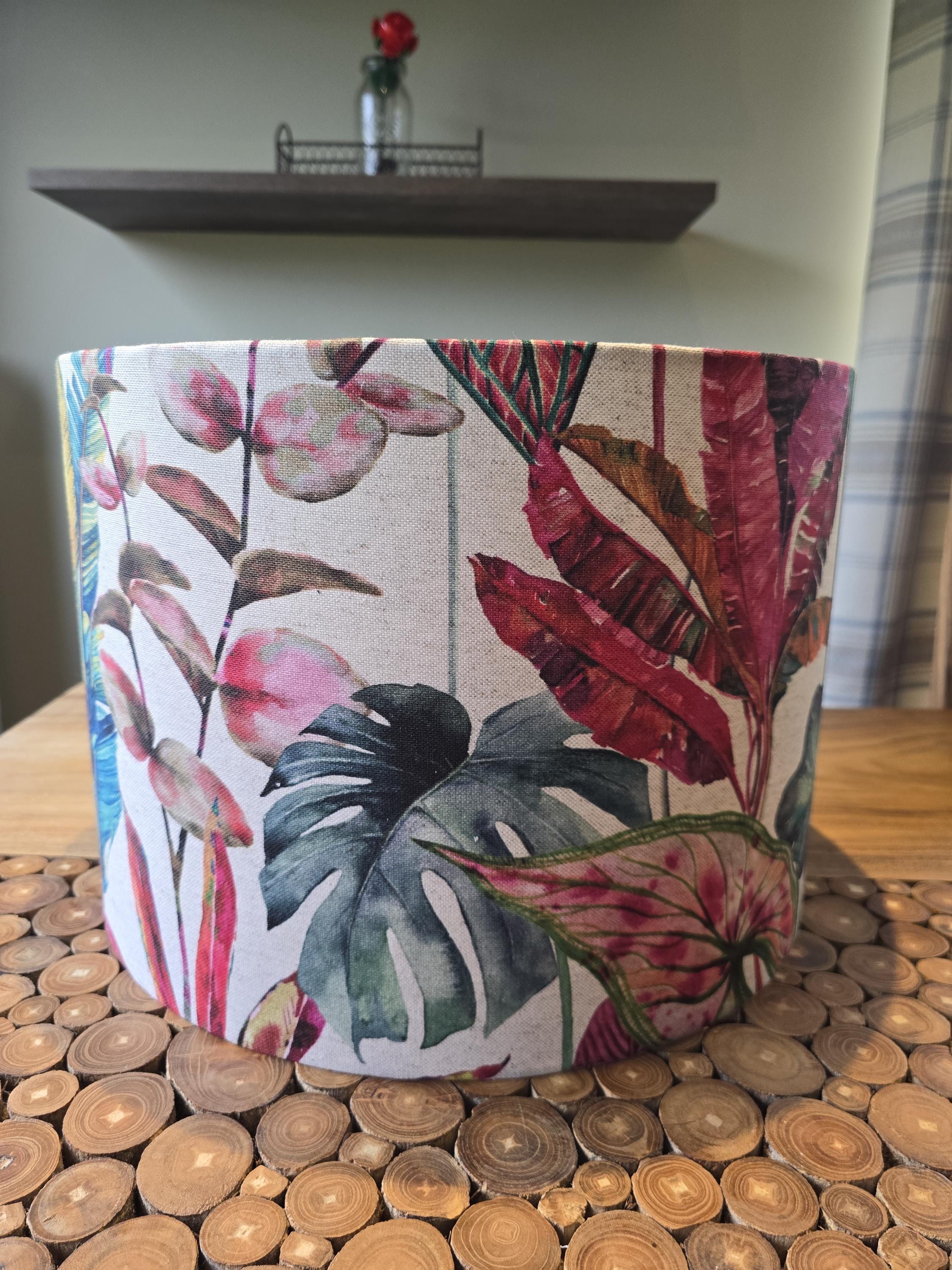Handmade Linen Tropical Forest Lampshade: Cosy Floral Lighting in Teal Yellow Blue and Pinks
