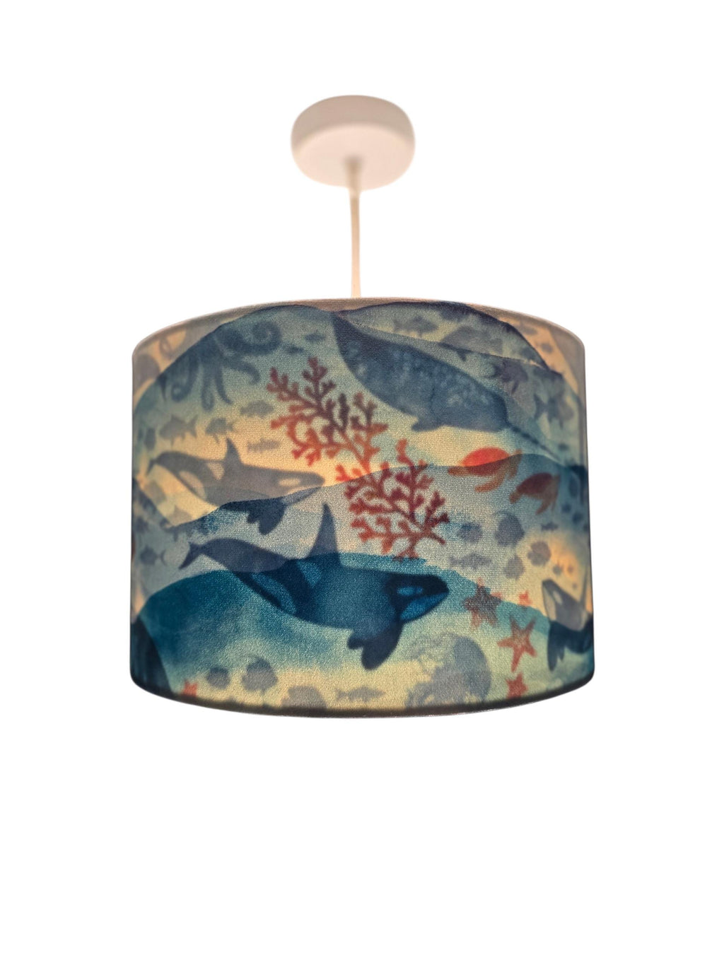 iLiv Double Sided Under the Sea Lampshade, Blue Velvet Marine Print Drum Shade
