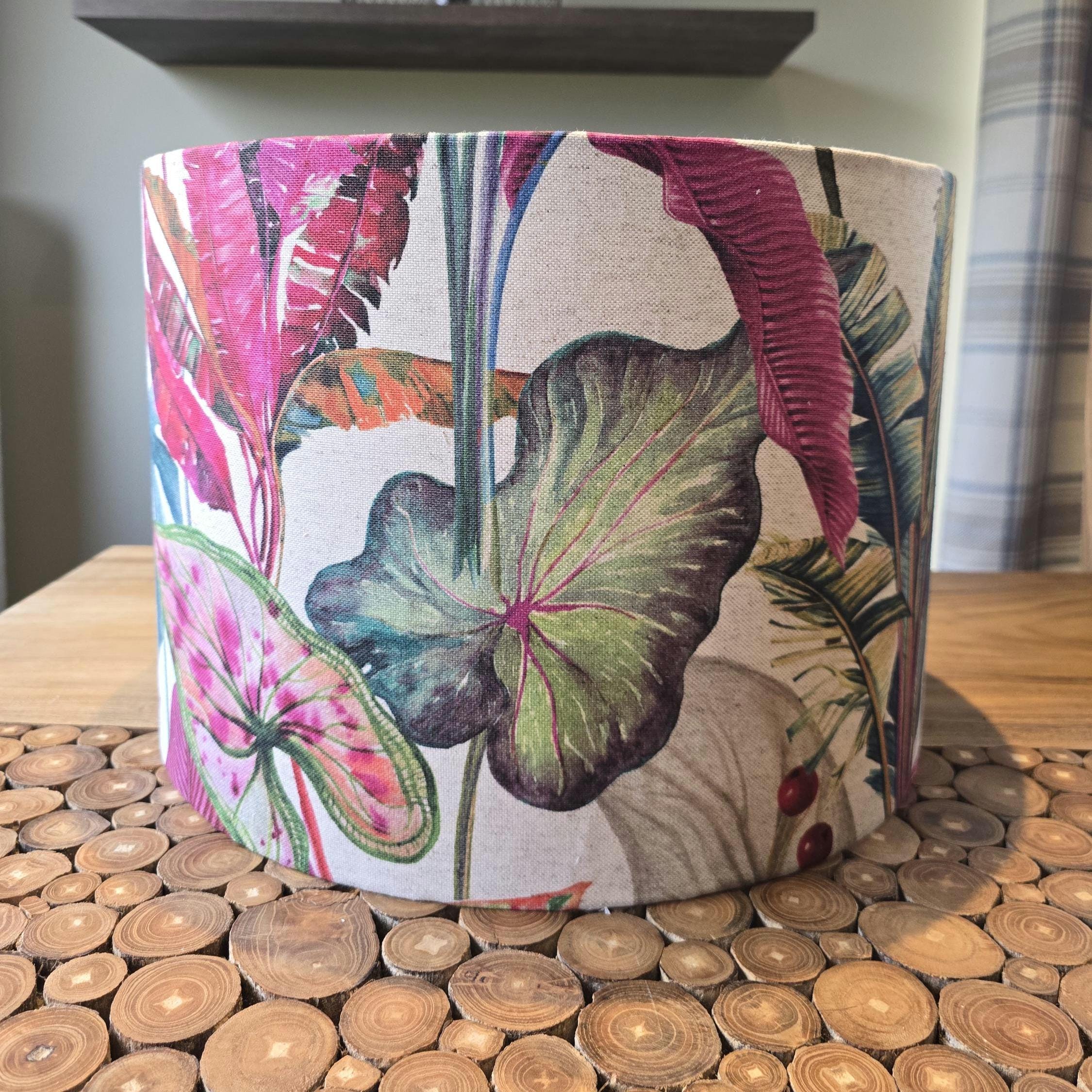 Handmade Linen Tropical Forest Lampshade: Cosy Floral Lighting in Teal Yellow Blue and Pinks