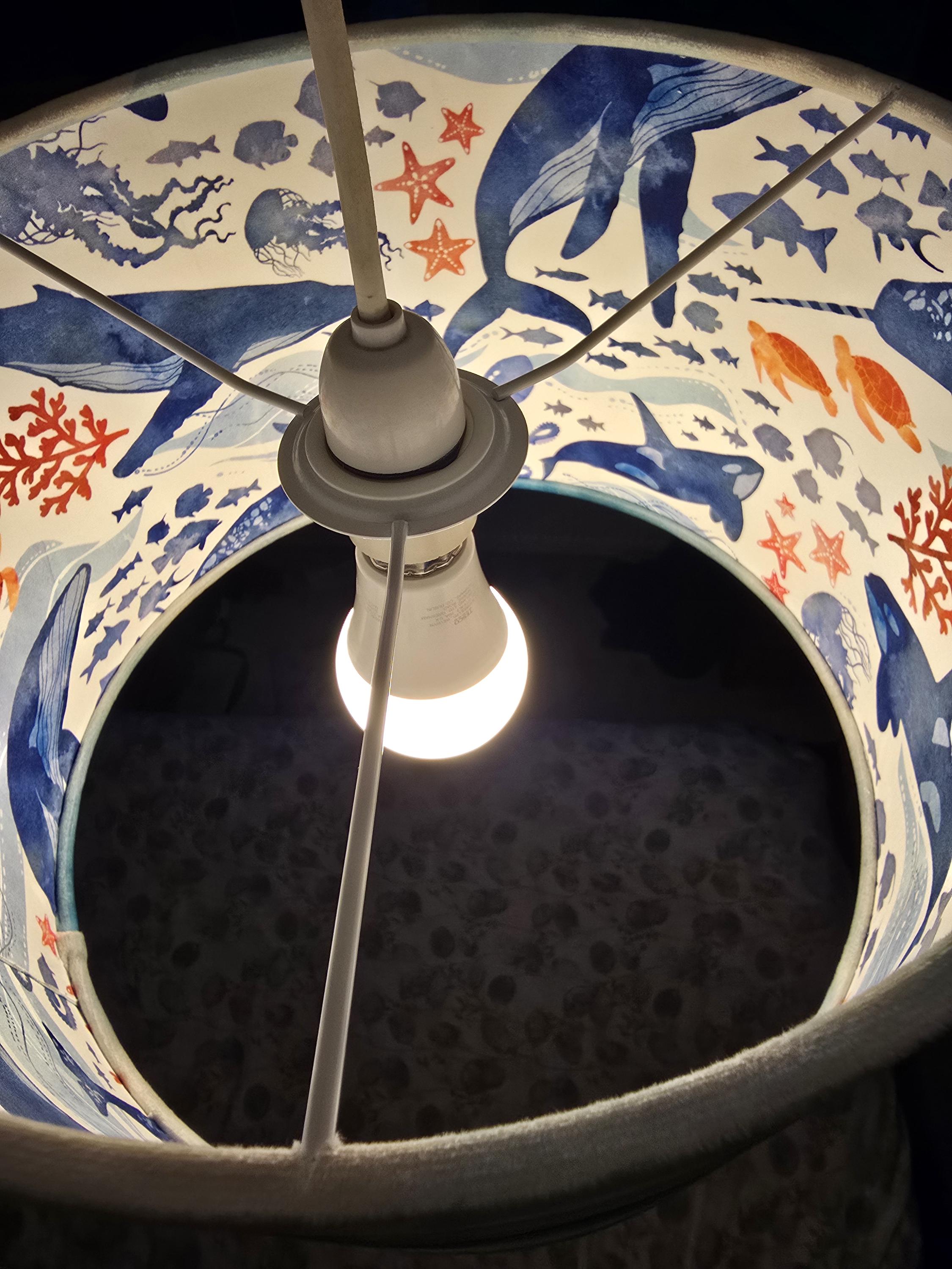 iLiv Double Sided Under the Sea Lampshade, Blue Velvet Marine Print Drum Shade
