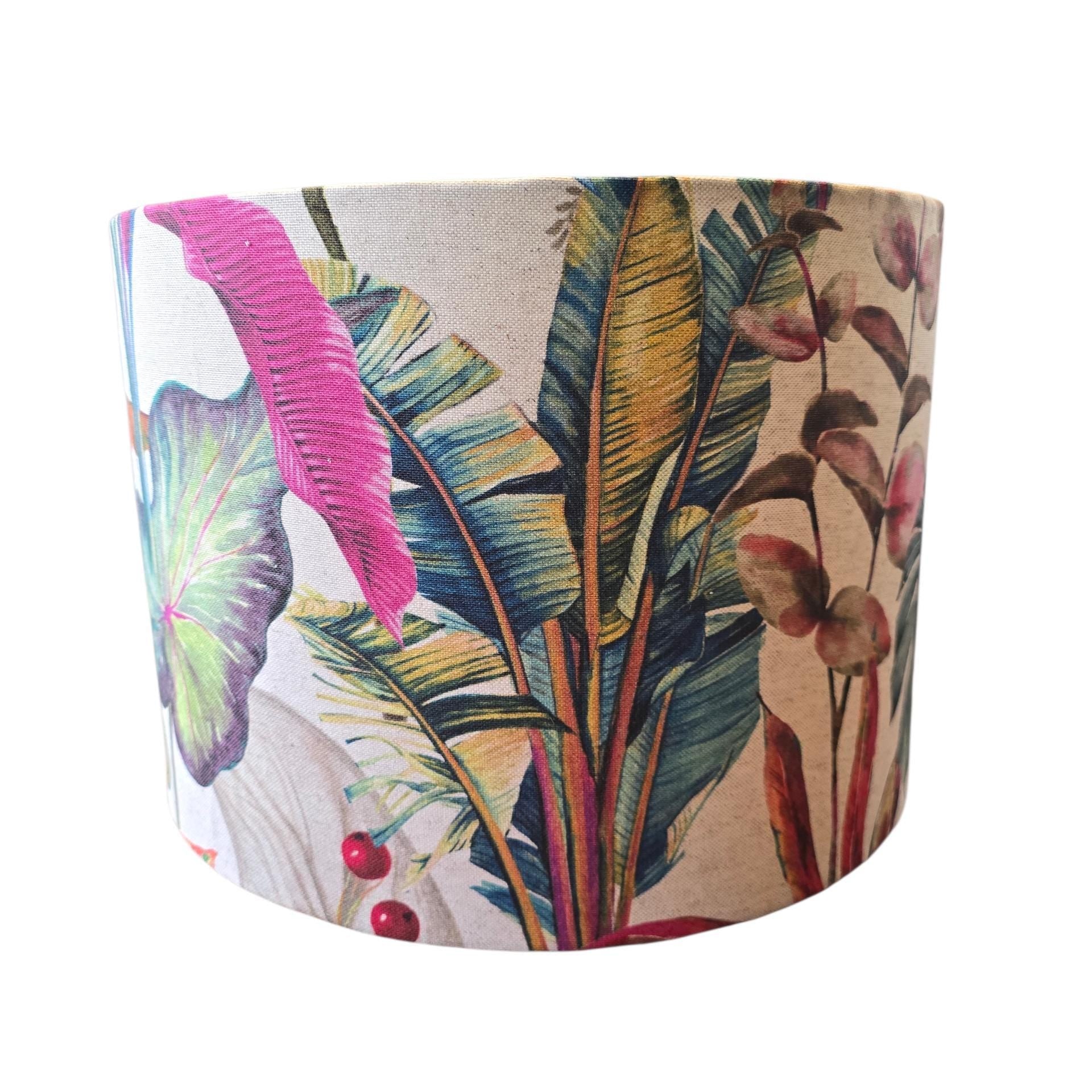 Handmade Linen Tropical Forest Lampshade: Cosy Floral Lighting in Teal Yellow Blue and Pinks