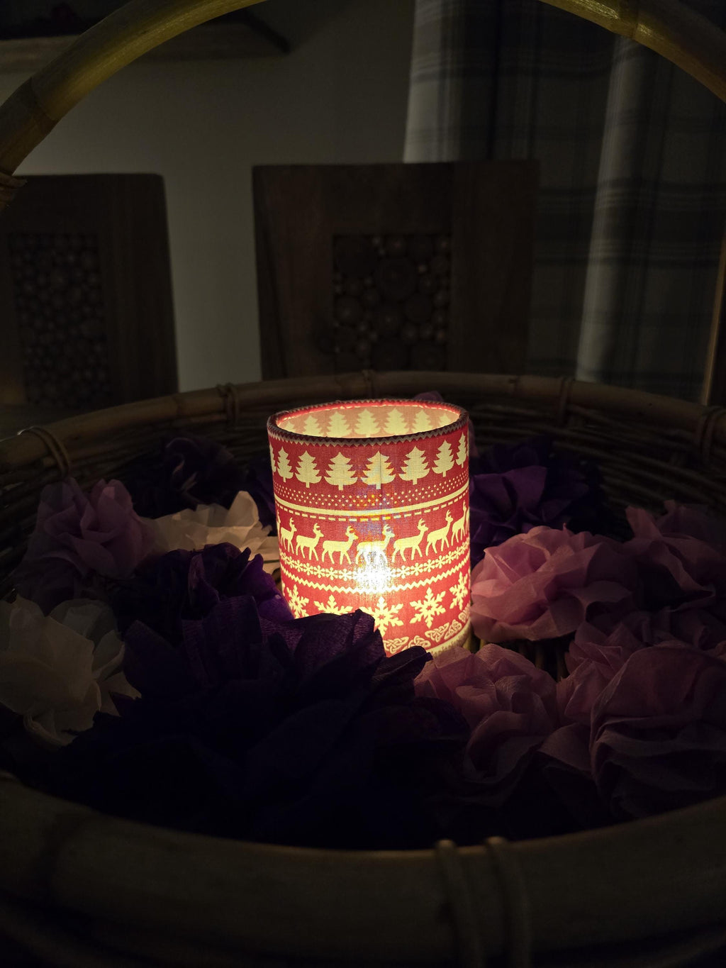 Christmas Lantern Tea Light Holder - Battery Operated Festive Decor - Reindeer Snowflake Christmas Tree Nordic Style Lantern