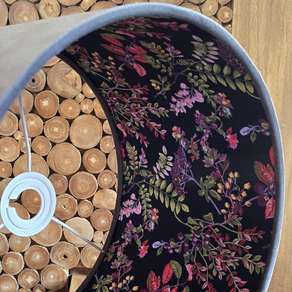 Double-Sided Lampshade. Handmade Floral Inside Light Grey Velvet exterior lampshade