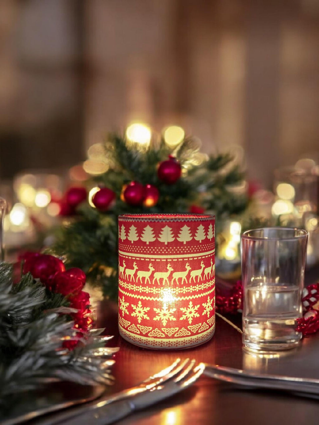 Christmas Lantern Tea Light Holder - Battery Operated Festive Decor - Reindeer Snowflake Christmas Tree Nordic Style Lantern