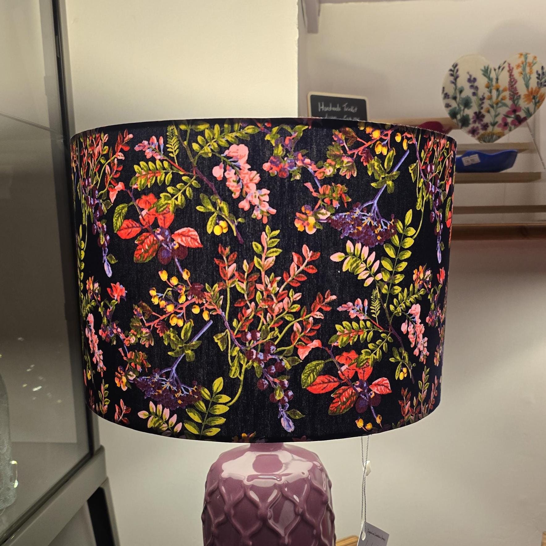 Double-Sided Lampshade. Handmade Floral Inside Light Grey Velvet exterior lampshade