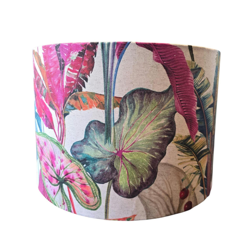 Handmade Linen Tropical Forest Lampshade: Cosy Floral Lighting in Teal Yellow Blue and Pinks