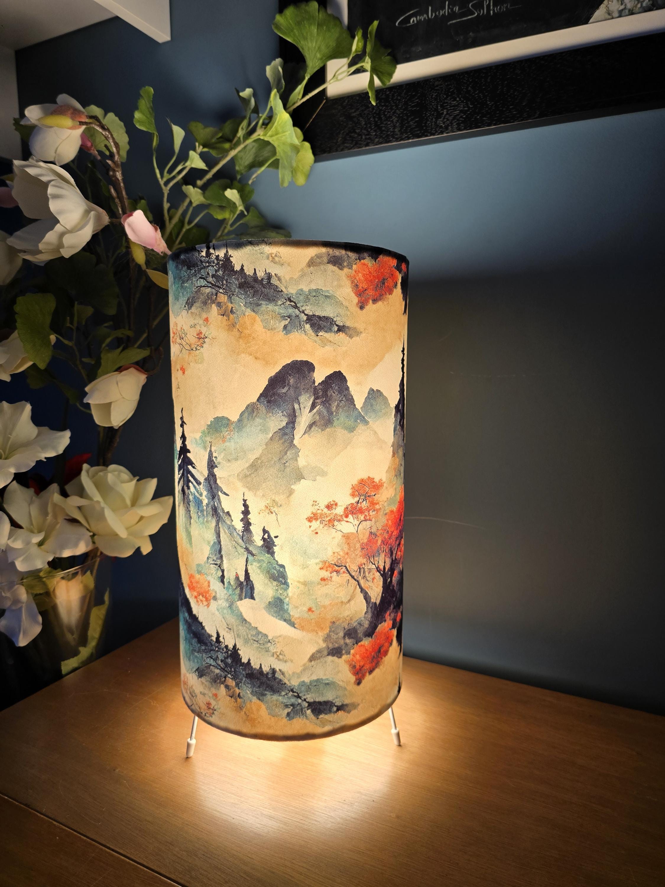 Handmade Japanese Mountain Landscape Tripod Lamp