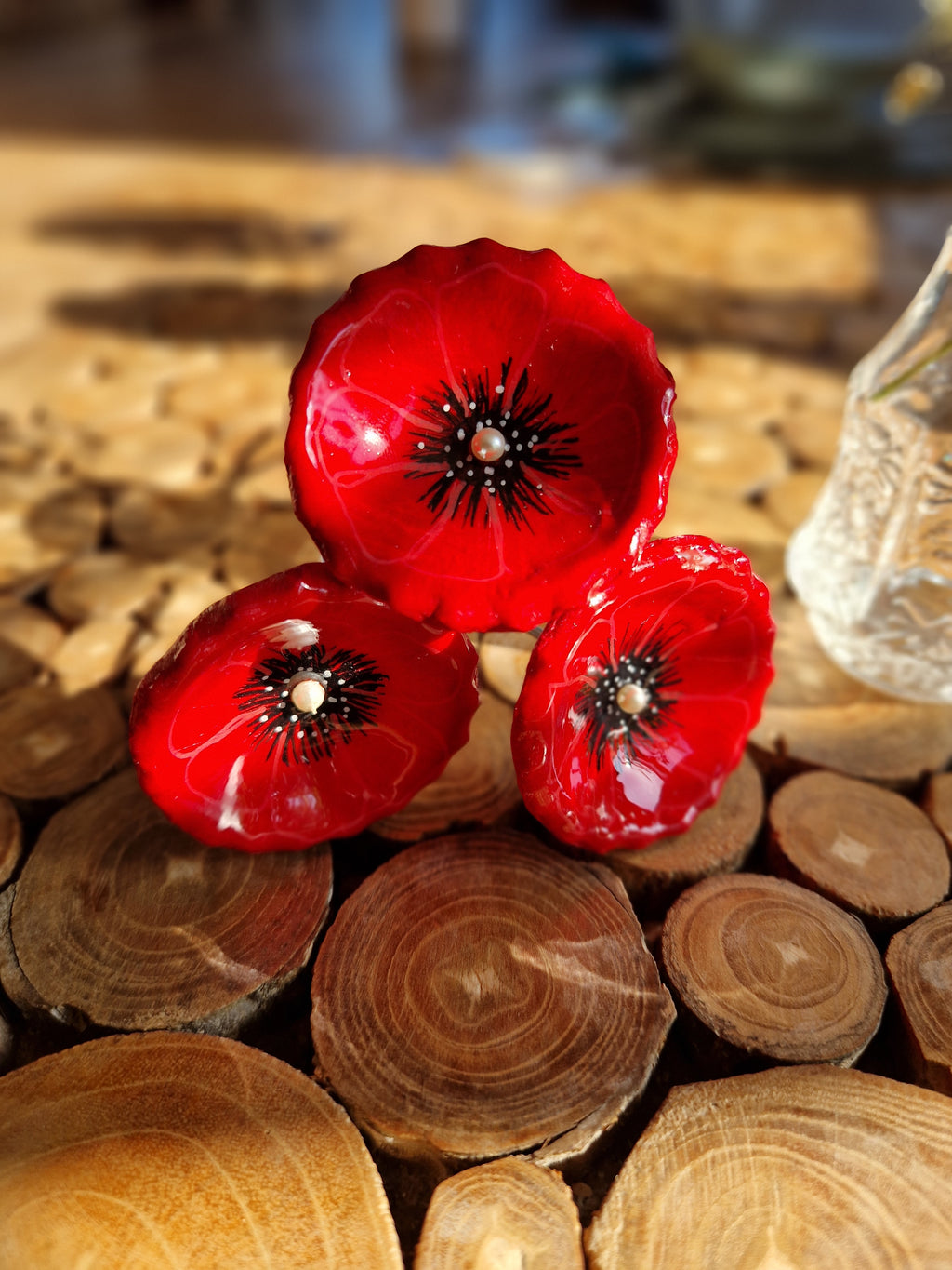 Handmade Trio of Poppies in Glass Vase