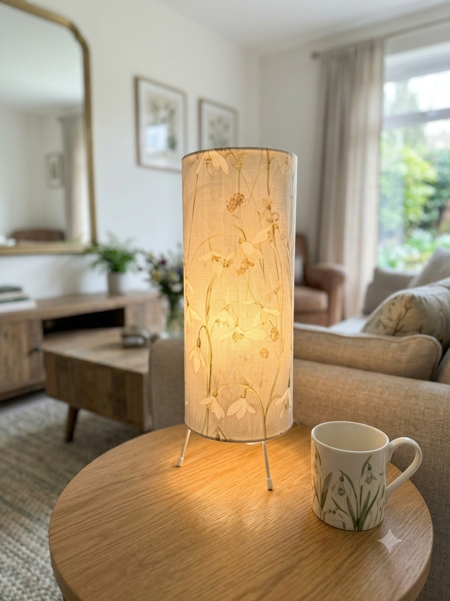 handmade cylindrical plug in lamp with tripod base and bayonet bulb.  cotton snowdrop fabric in pale green and blue table lamp with switch.  handmade lighting in made in UK. 15cm wide and 35cm tall table lamp for bedside table and cosy mood lighting.