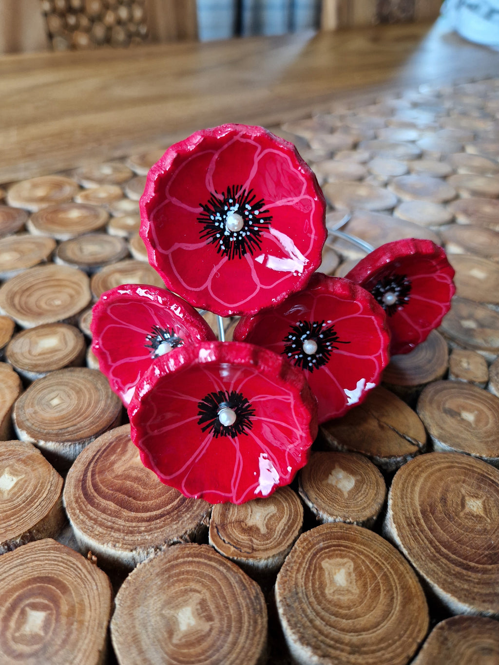 Handmade Trio of Poppies in Glass Vase
