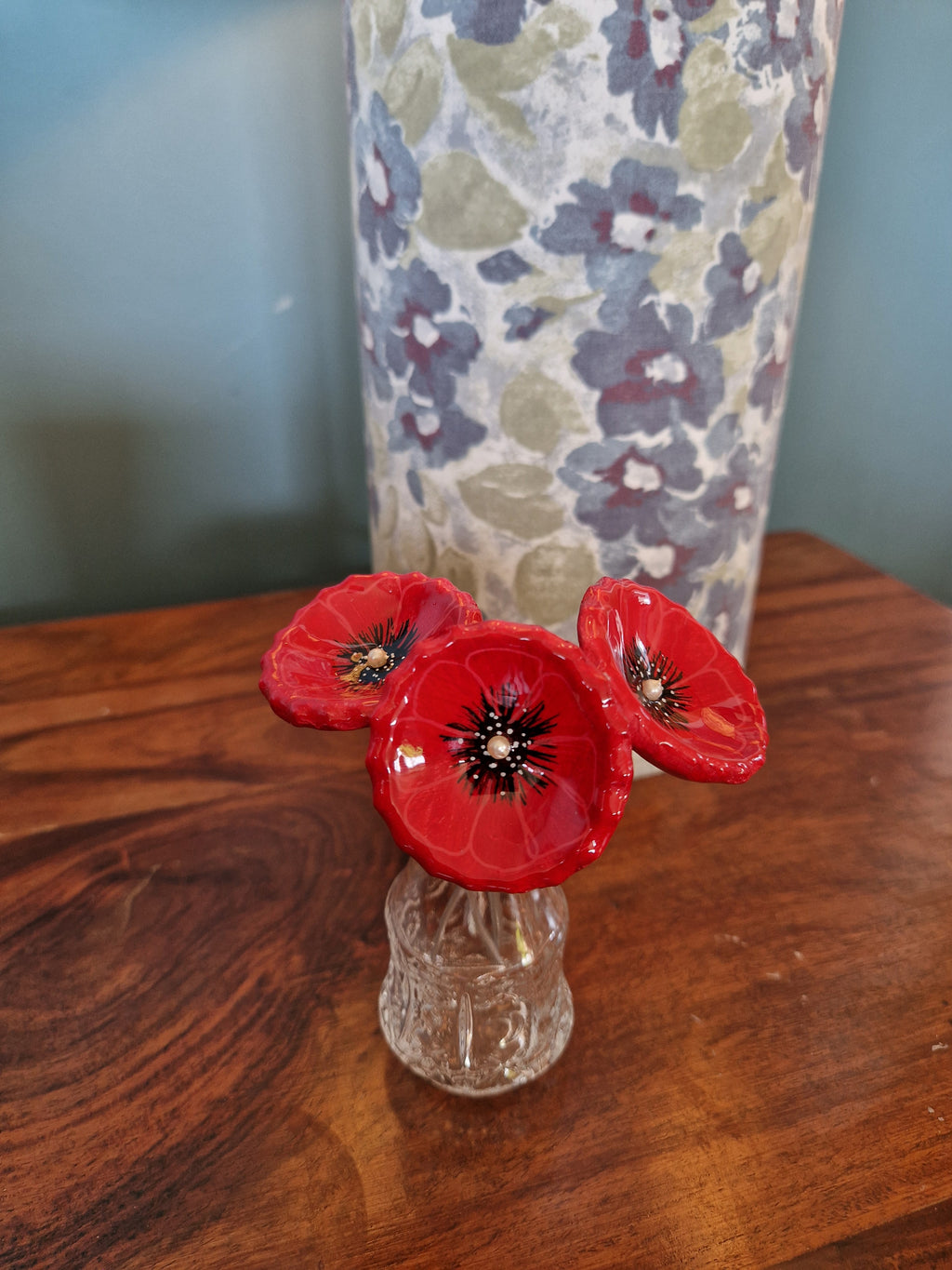 Handmade Trio of Poppies in Glass Vase