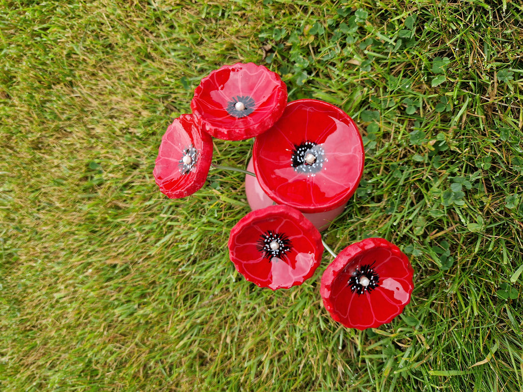 Handmade Trio of Poppies in Glass Vase