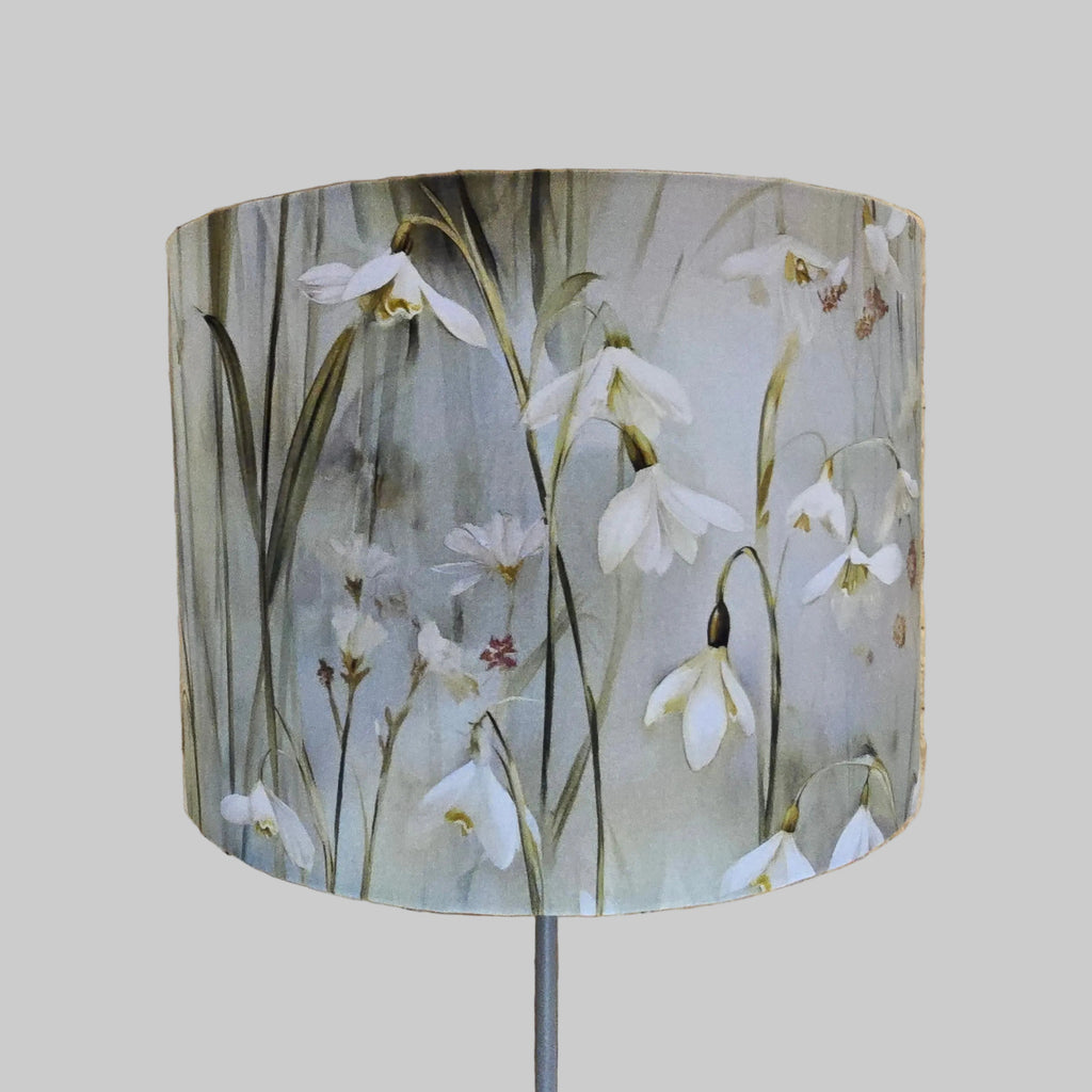 handmade drum lampshade with cotton snowdrop fabric in pale green and blue. handmade lighting in made in UK. lampshade for ceiling, table or floor lamp