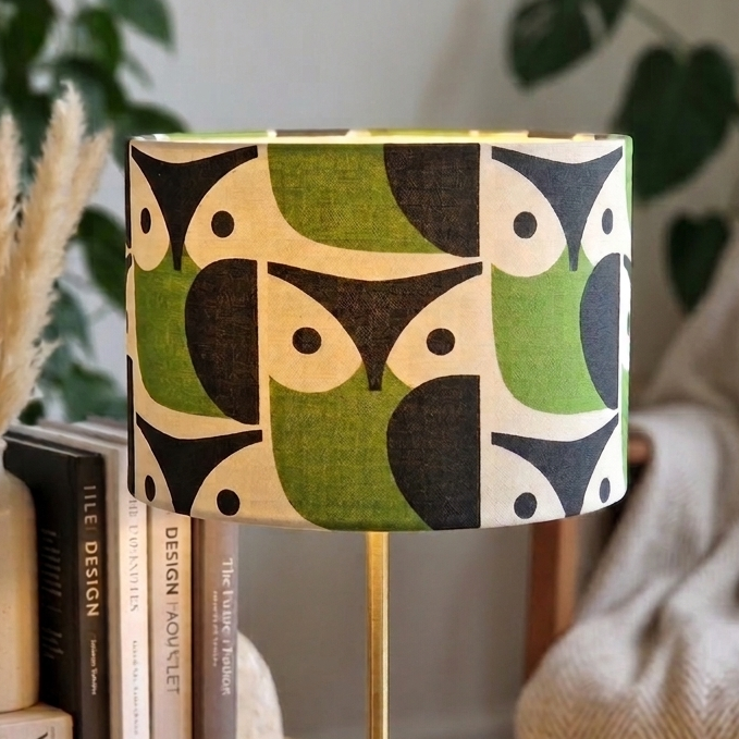 handmade owl bird orla kiely geometric print drum lampshade. green and black bird lampshade. round lampshade for table lamp or ceiling. 