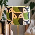 handmade owl bird orla kiely geometric print drum lampshade. green and black bird lampshade. round lampshade for table lamp or ceiling. 