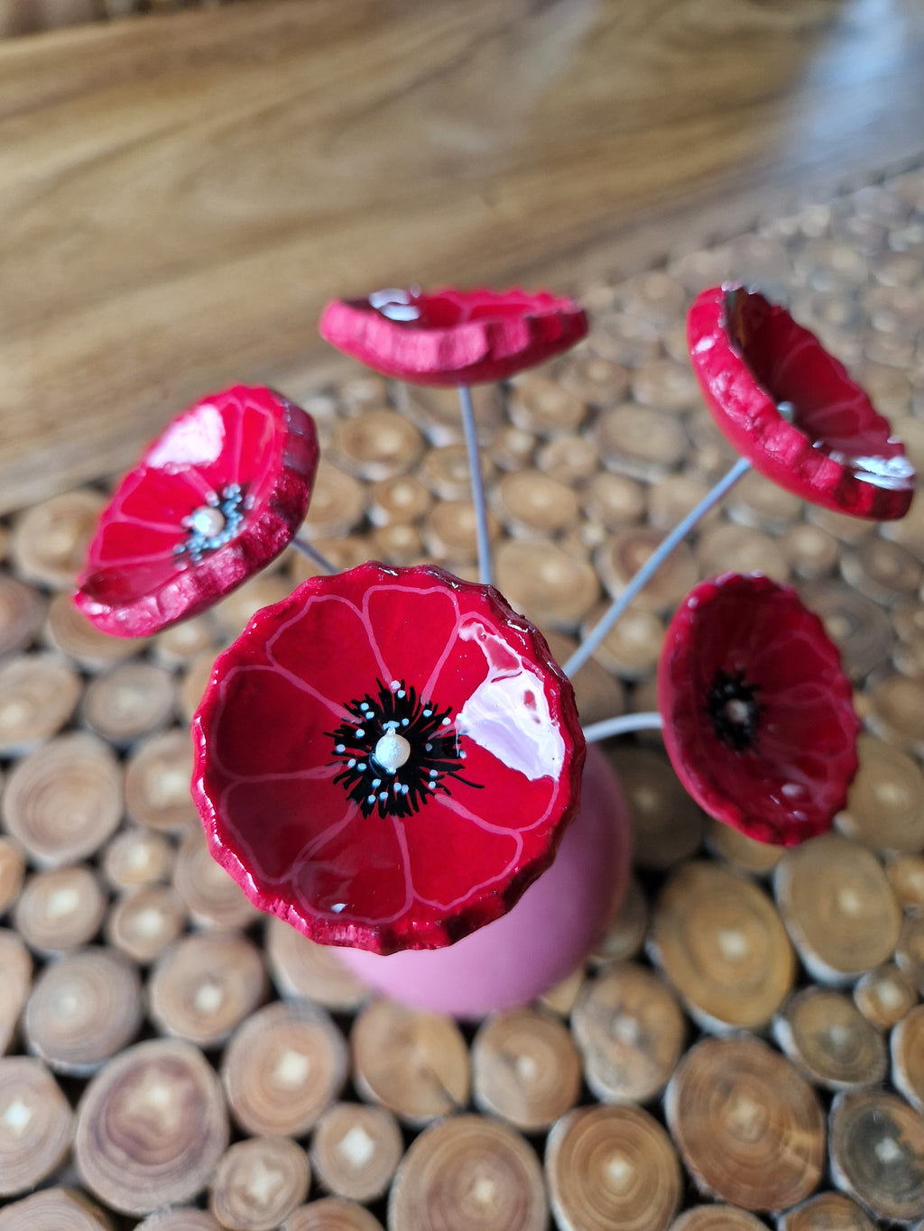 Handmade Trio of Poppies in Glass Vase