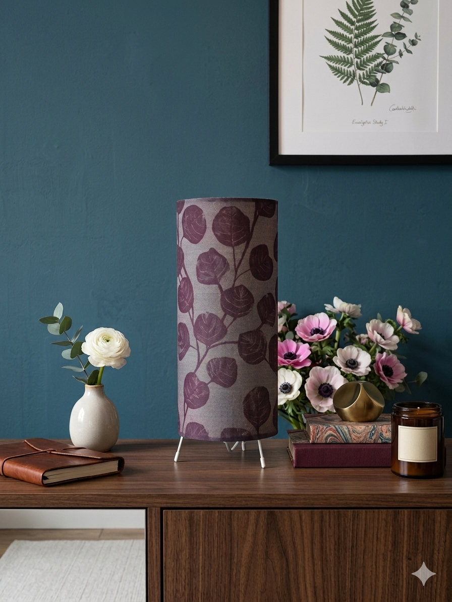 Black leaf Velvet tripod Lamp in Ursula's Vine by Linda Barker